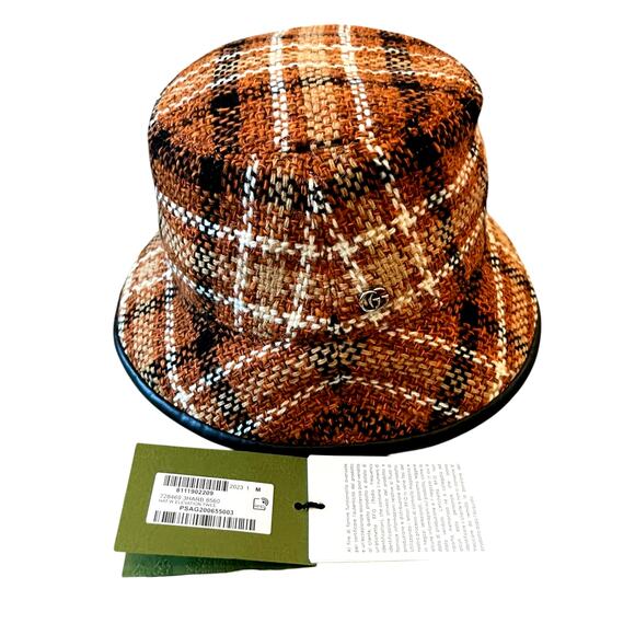GUCCI GG Elevation Tweed Tartan Bucket Hat Cap 728469 Brown Size Medium NEW